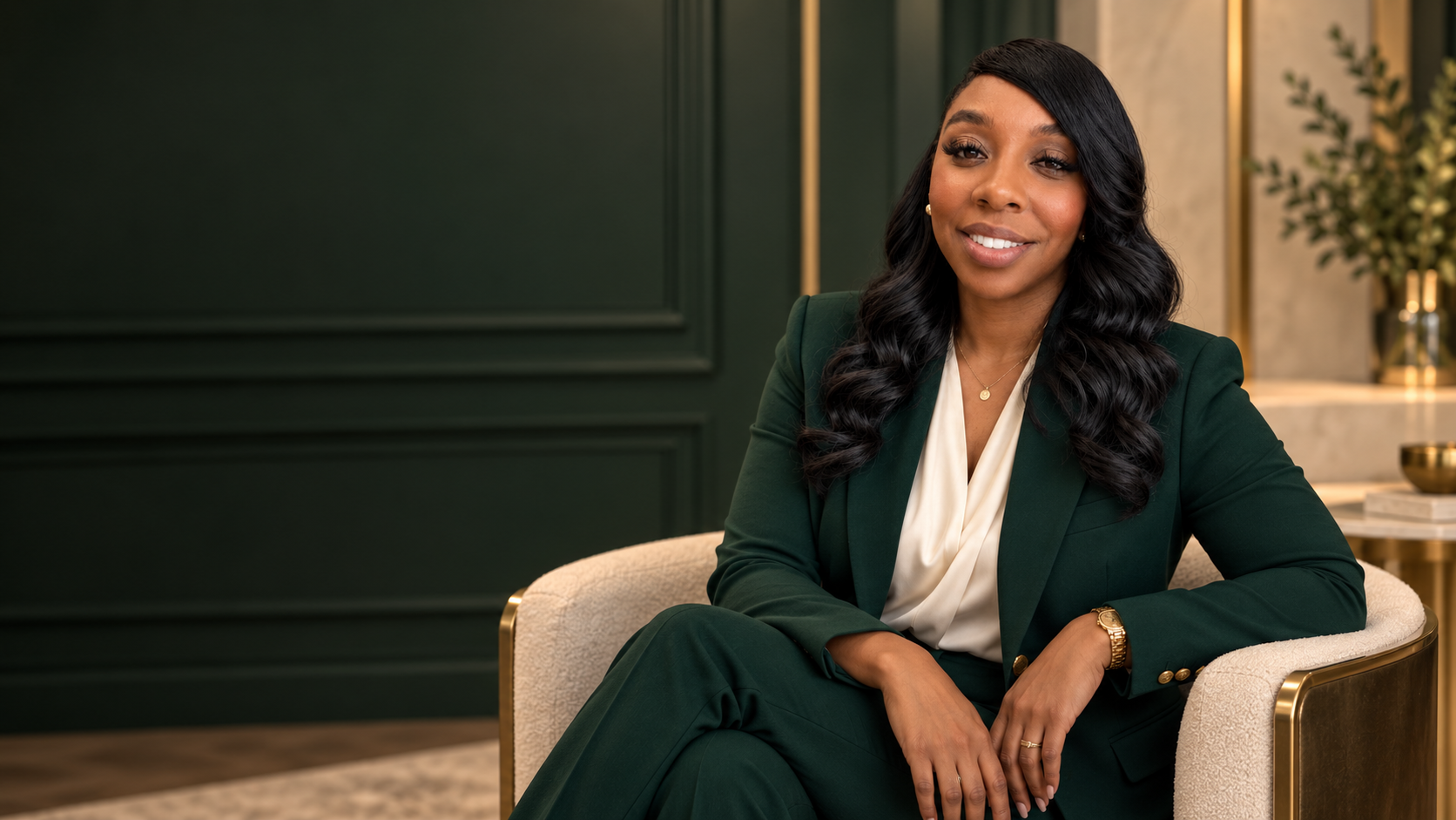 Kortney Truitt in an elegant emerald suit